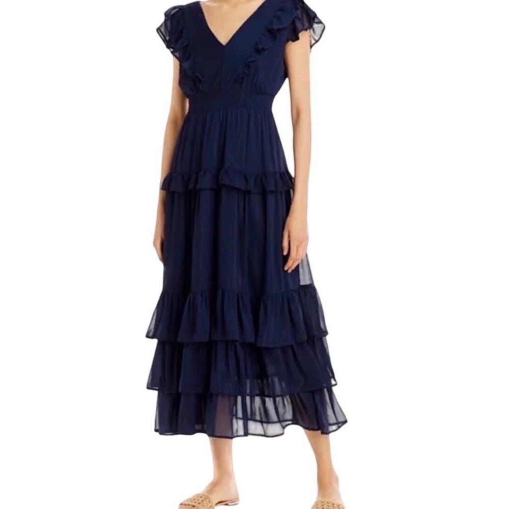 Tiered Ruffle Dress Navy Metallic Stripe Flutter/Sleeve Smocked Waist AQUA S NWT
